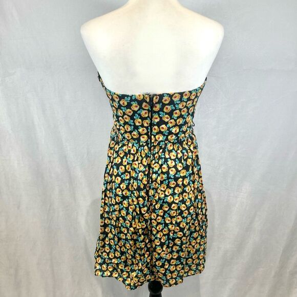 Yellow ditsy floral pleated ruffle sweetheart neck strapless cotton dress size 7 - Picture 3 of 5